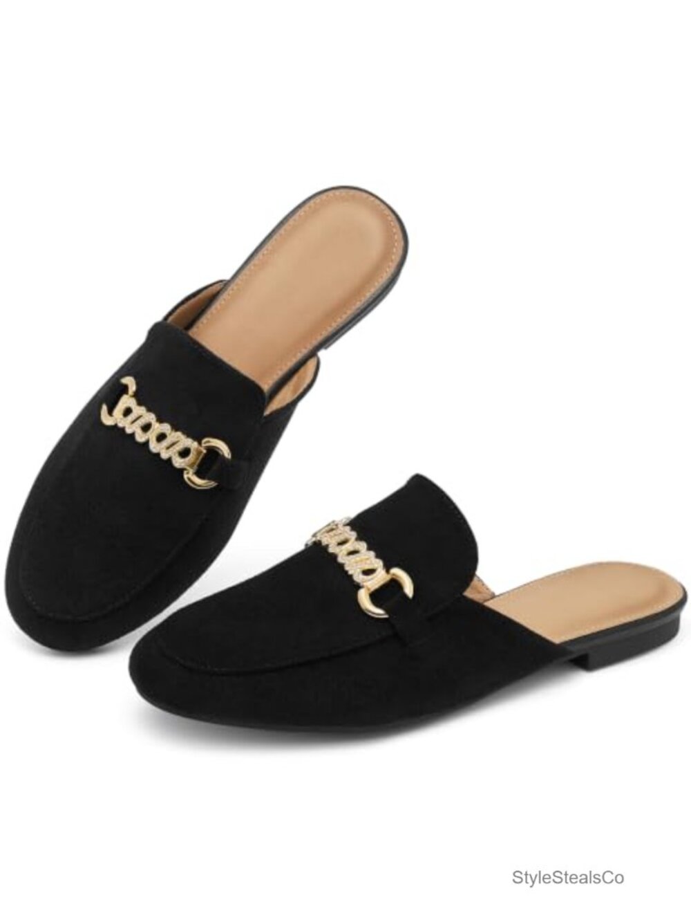 Suede Backless Mules Women's Dress Flats Rhinestone Slip-On Loafers